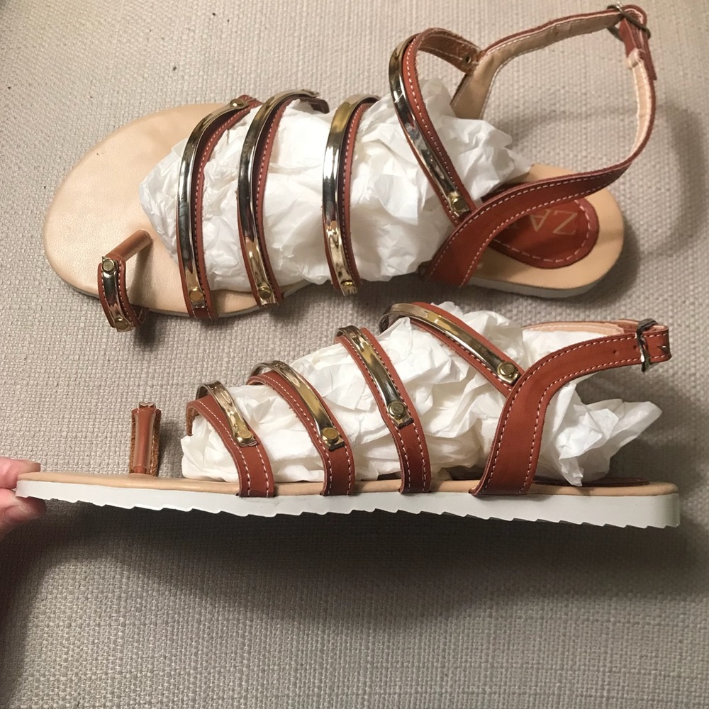 ZARA Leather and Gold Strappy Sandals Ankle Strap